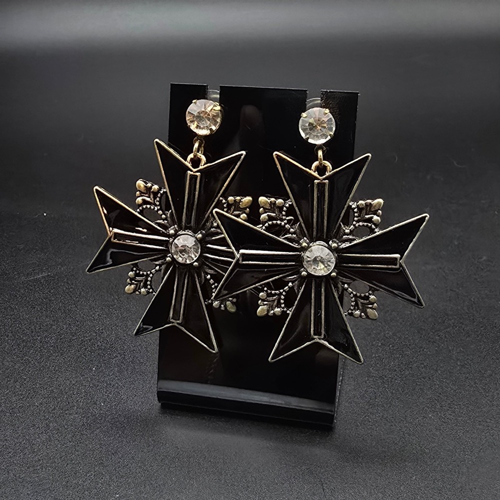 Black Rhinestone Maltese Cross Earrings Dangle Pierced